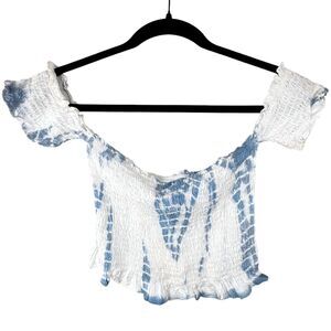 Tie Dye White and Blue Shirred Crop Top Size Medium NWT Boho Hippie Chic
